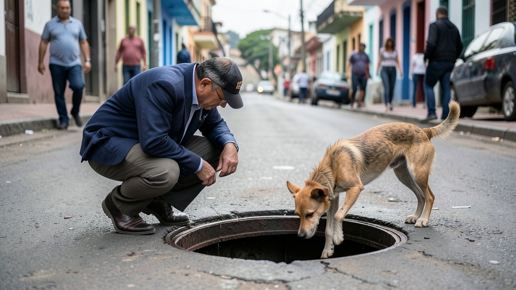 Reportera enfrenta imprevisto: Un perro emerge de un pozo en directo durante cobertura vial