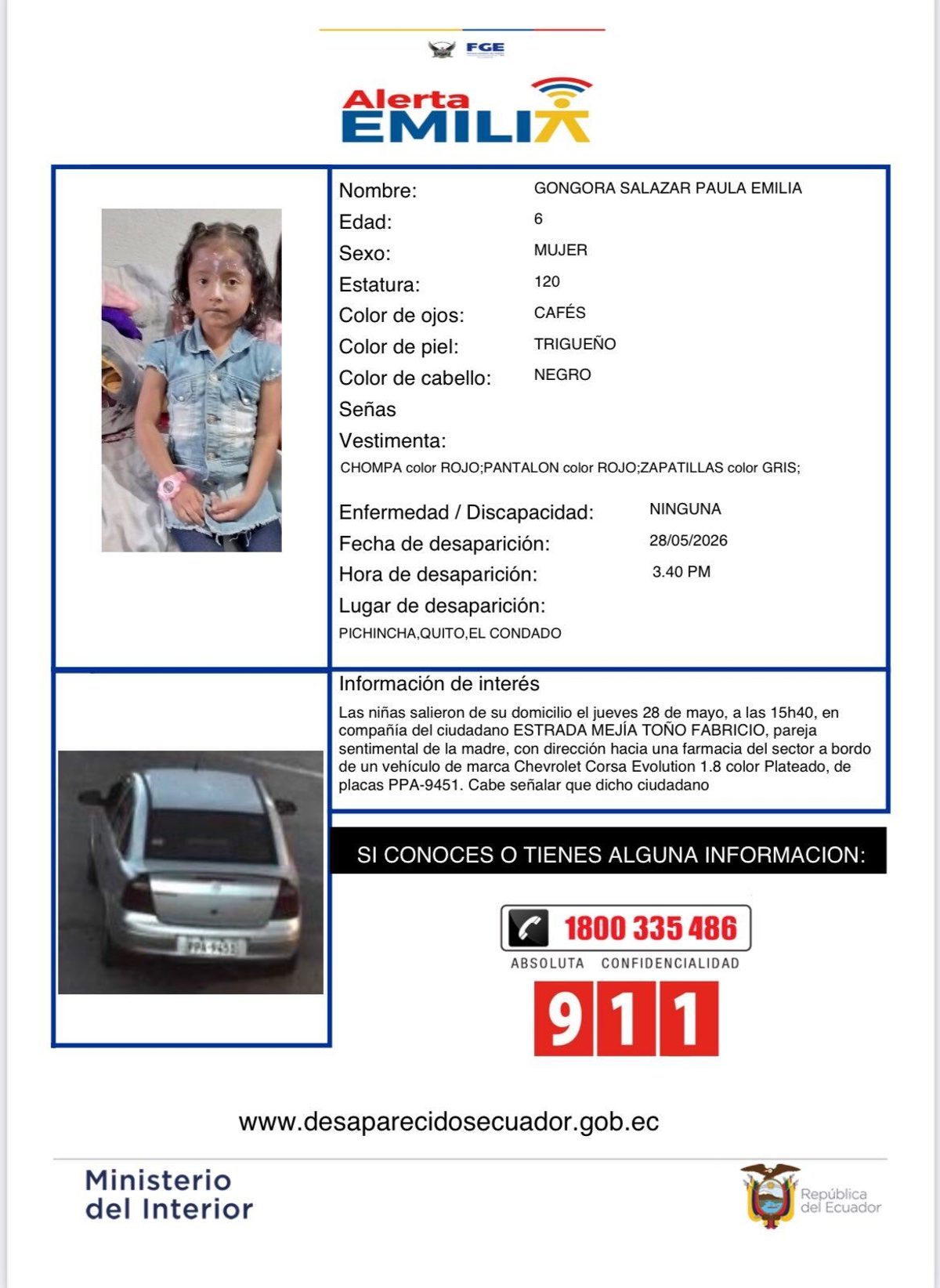 Activan Alerta Emilia en Quito tras desaparición de dos niñas en el sector El Condado